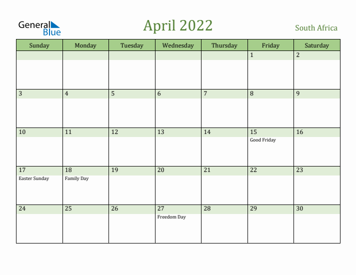 April 2022 Calendar with South Africa Holidays