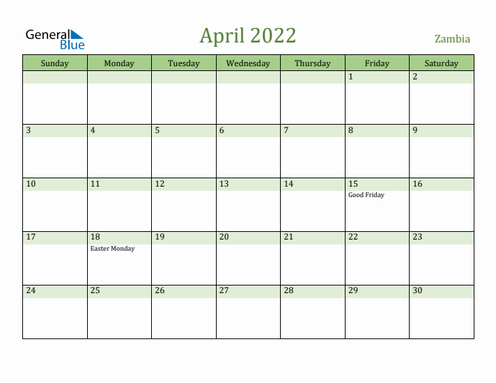 April 2022 Calendar with Zambia Holidays