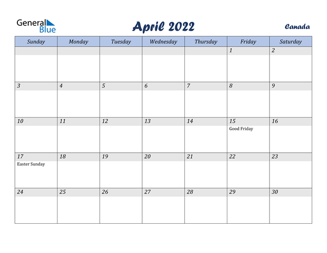 canada april 2022 calendar with holidays