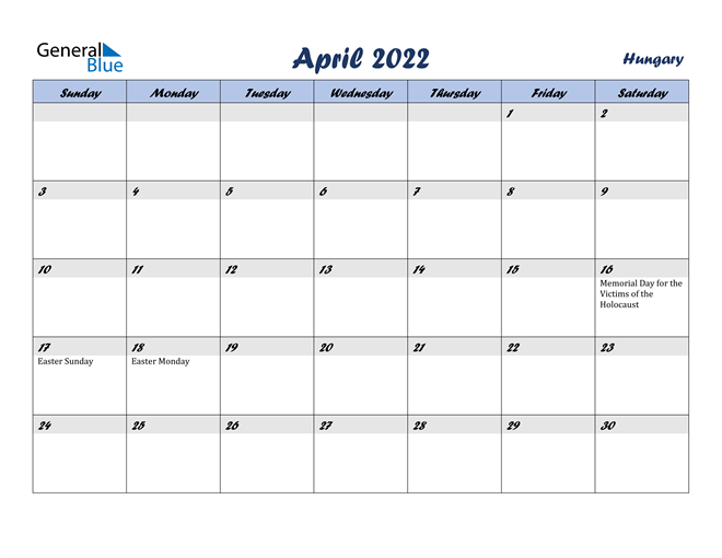 Hungary April 2022 Calendar with Holidays
