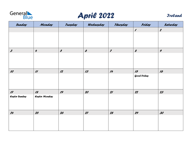 april 2022 calendar with ireland holidays