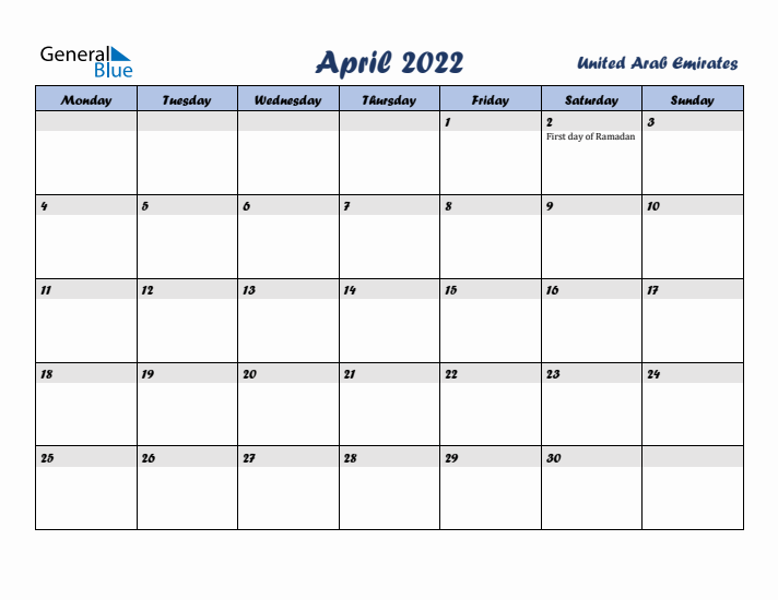 April 2022 Calendar with Holidays in United Arab Emirates