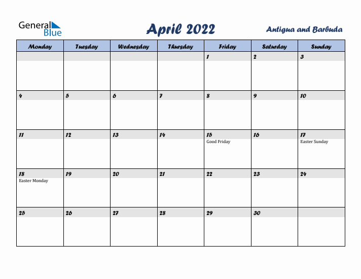 April 2022 Calendar with Holidays in Antigua and Barbuda