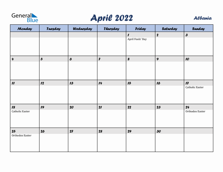 April 2022 Calendar with Holidays in Albania