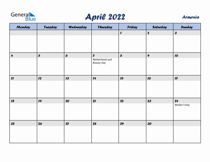 April 2022 Calendar with Holidays in Armenia
