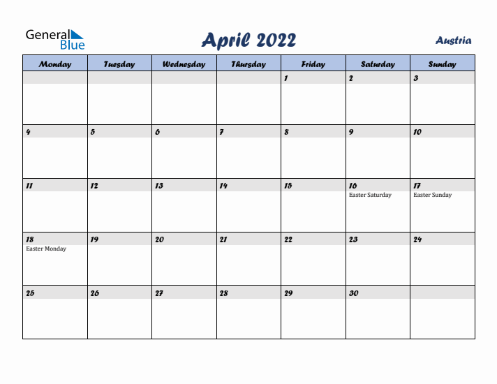 April 2022 Calendar with Holidays in Austria