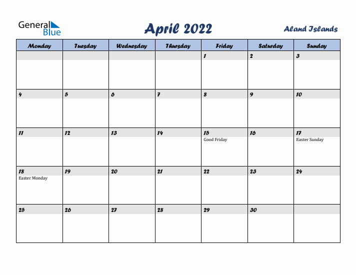 April 2022 Calendar with Holidays in Aland Islands