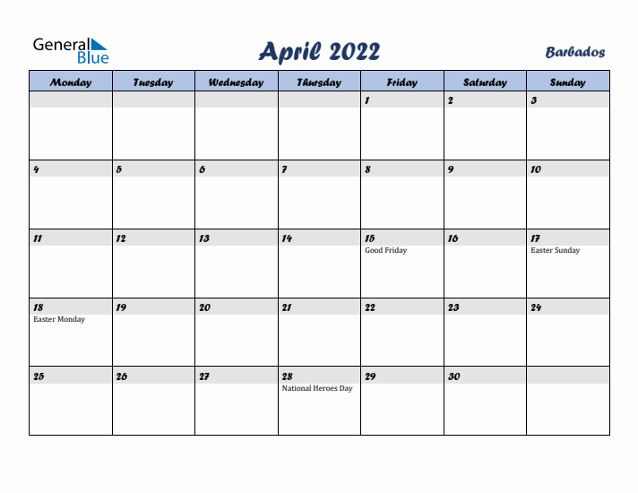 April 2022 Calendar with Holidays in Barbados