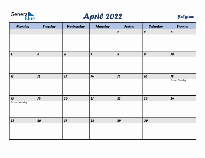 April 2022 Calendar with Holidays in Belgium