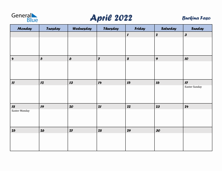 April 2022 Calendar with Holidays in Burkina Faso