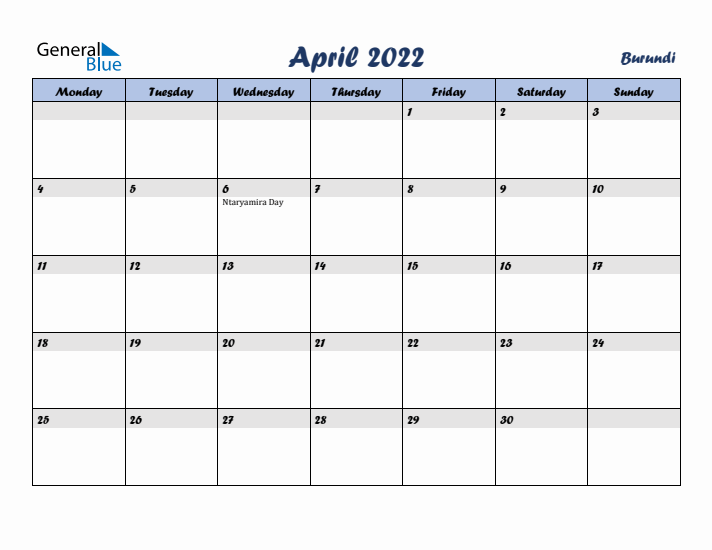 April 2022 Calendar with Holidays in Burundi