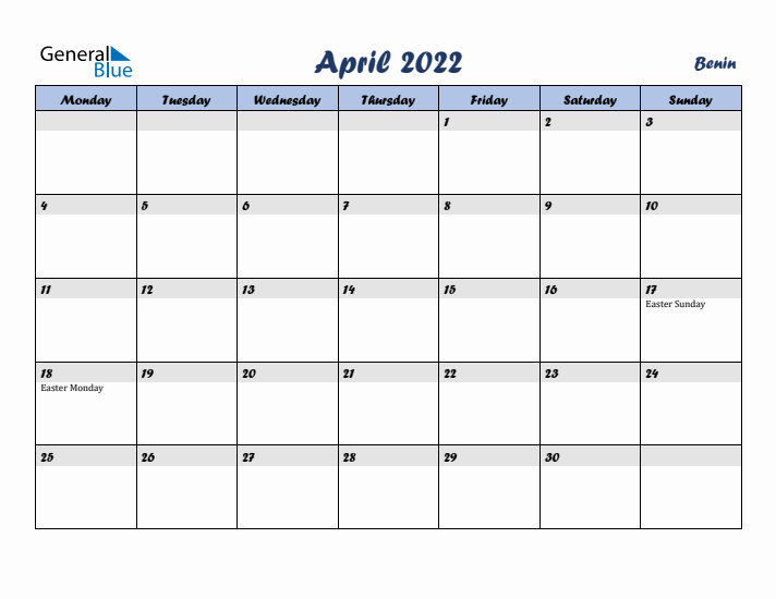 April 2022 Calendar with Holidays in Benin