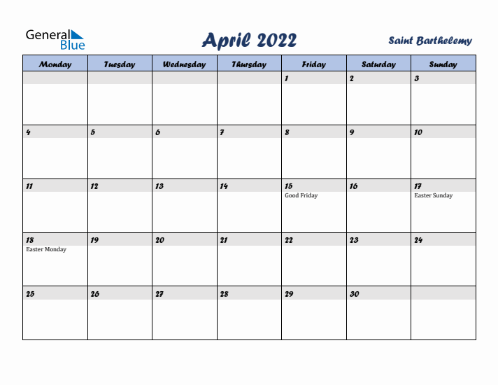 April 2022 Calendar with Holidays in Saint Barthelemy