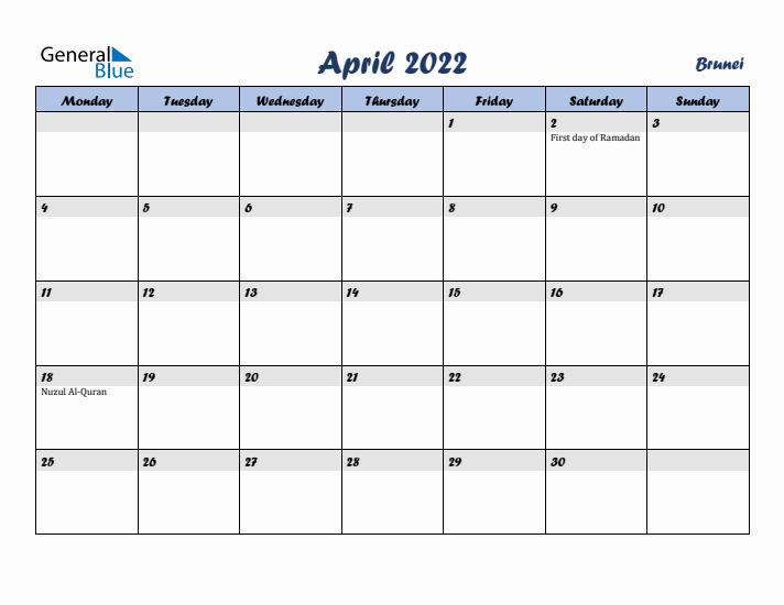 April 2022 Calendar with Holidays in Brunei