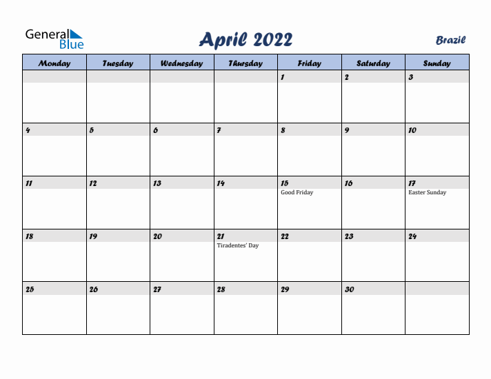 April 2022 Calendar with Holidays in Brazil