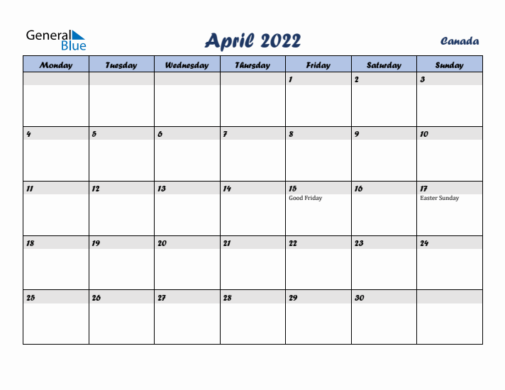 April 2022 Calendar with Holidays in Canada