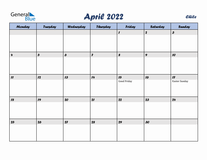 April 2022 Calendar with Holidays in Chile
