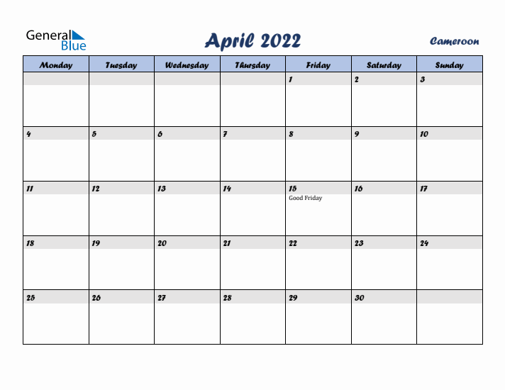April 2022 Calendar with Holidays in Cameroon