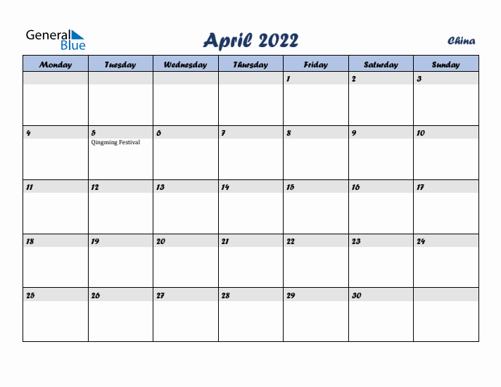 April 2022 Calendar with Holidays in China