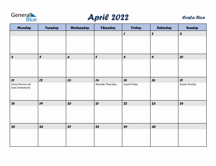April 2022 Calendar with Holidays in Costa Rica
