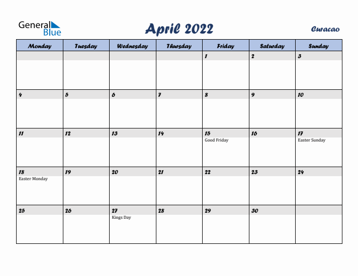 April 2022 Calendar with Holidays in Curacao