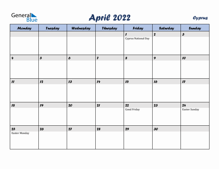 April 2022 Calendar with Holidays in Cyprus
