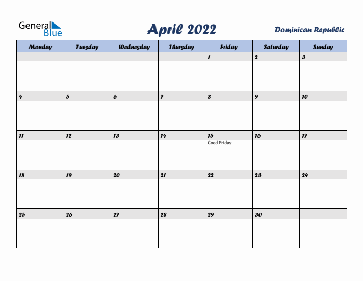 April 2022 Calendar with Holidays in Dominican Republic