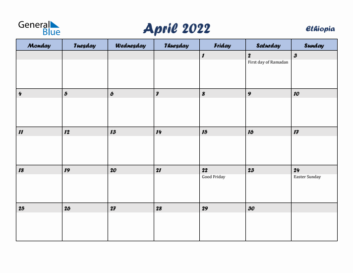 April 2022 Calendar with Holidays in Ethiopia