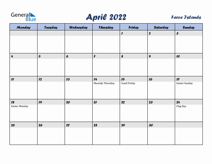 April 2022 Calendar with Holidays in Faroe Islands