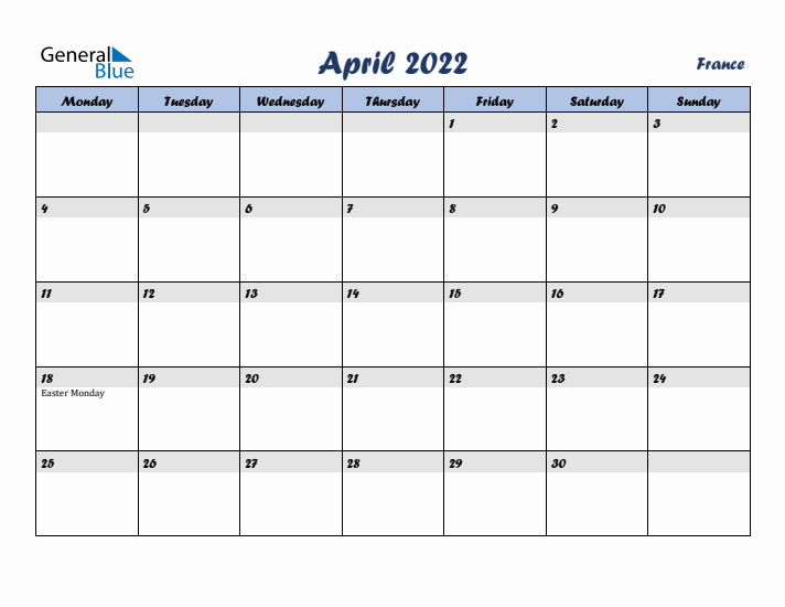 April 2022 Calendar with Holidays in France