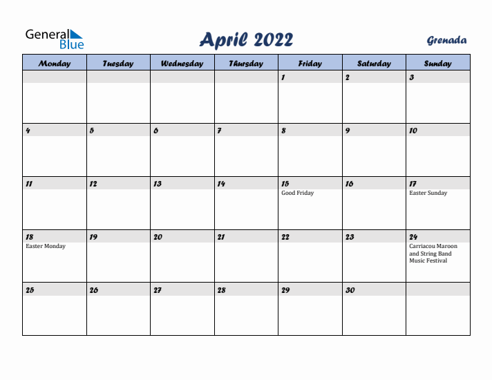 April 2022 Calendar with Holidays in Grenada