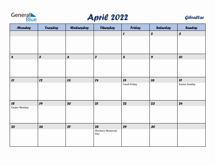 April 2022 Calendar with Holidays in Gibraltar