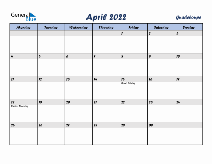 April 2022 Calendar with Holidays in Guadeloupe