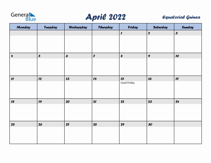 April 2022 Calendar with Holidays in Equatorial Guinea