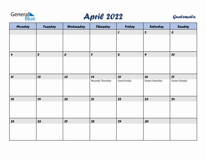 April 2022 Calendar with Holidays in Guatemala