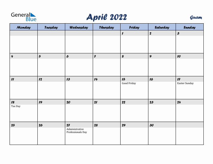 April 2022 Calendar with Holidays in Guam