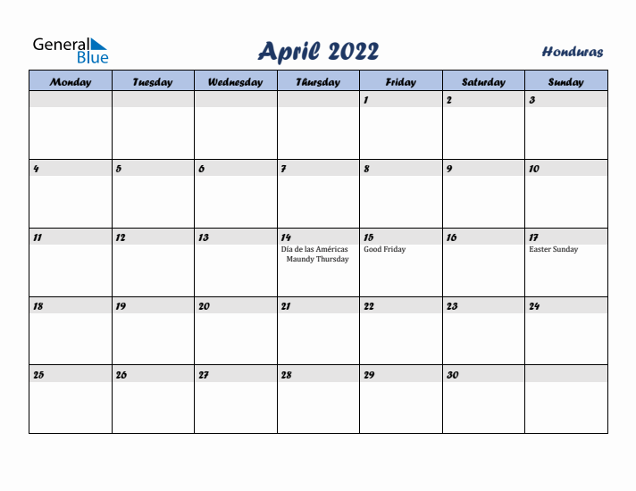 April 2022 Calendar with Holidays in Honduras