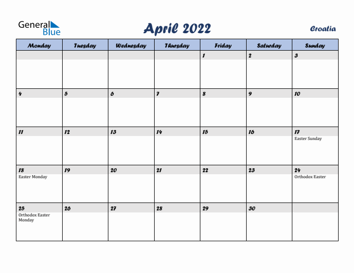 April 2022 Calendar with Holidays in Croatia