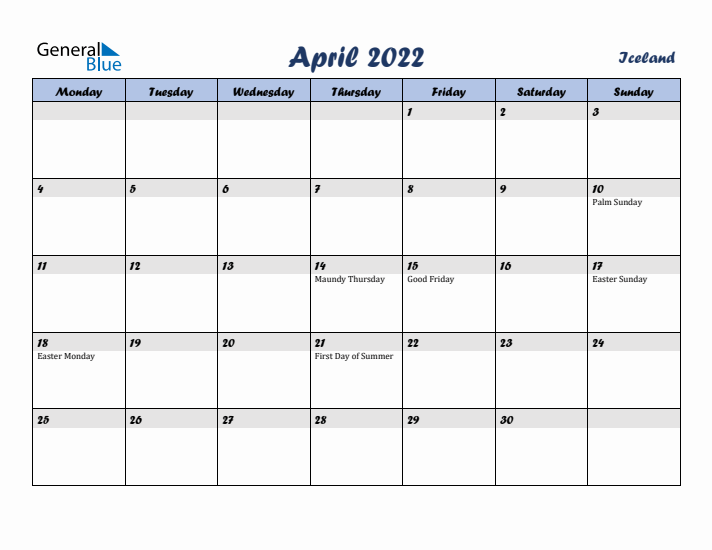 April 2022 Calendar with Holidays in Iceland
