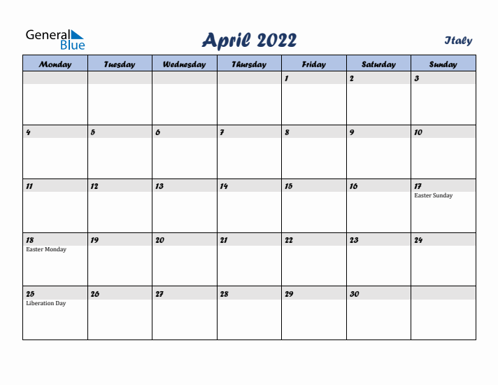 April 2022 Calendar with Holidays in Italy