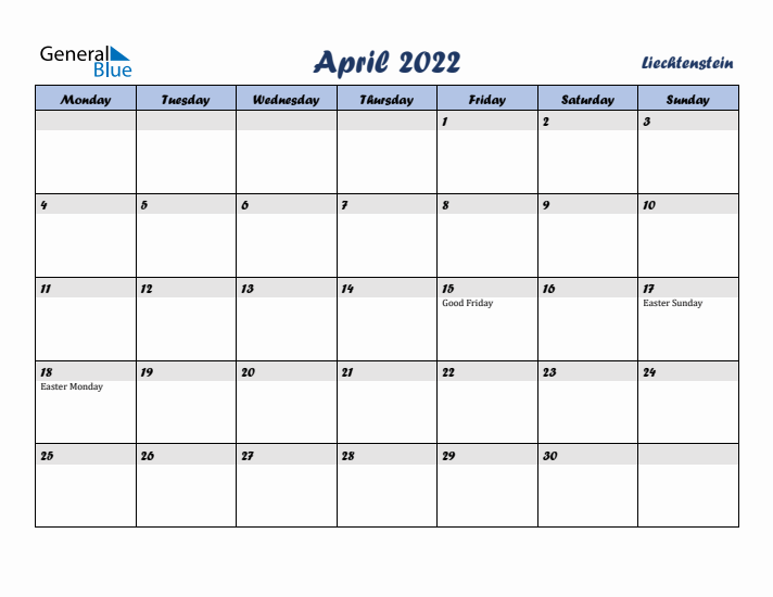 April 2022 Calendar with Holidays in Liechtenstein