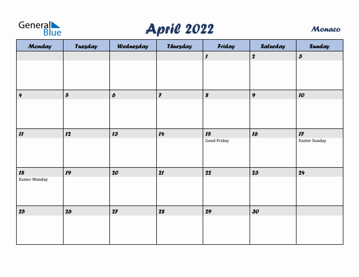 April 2022 Calendar with Holidays in Monaco
