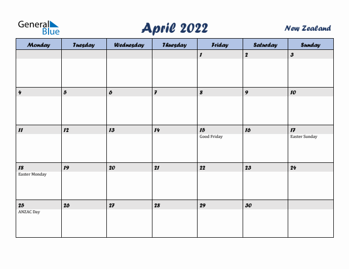 April 2022 Calendar with Holidays in New Zealand