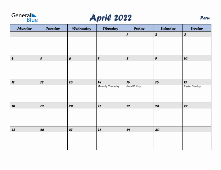 April 2022 Calendar with Holidays in Peru