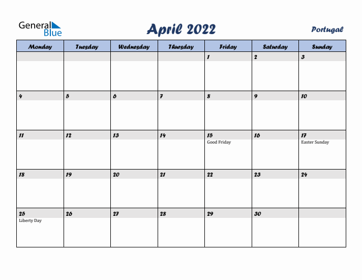 April 2022 Calendar with Holidays in Portugal