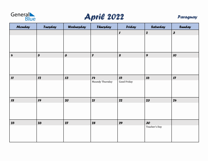 April 2022 Calendar with Holidays in Paraguay