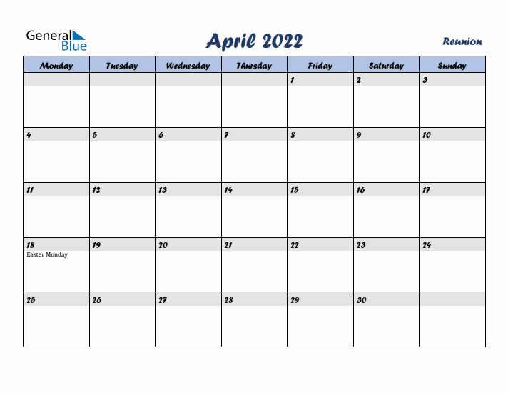 April 2022 Calendar with Holidays in Reunion