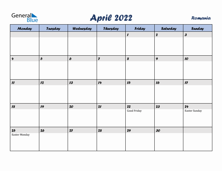 April 2022 Calendar with Holidays in Romania