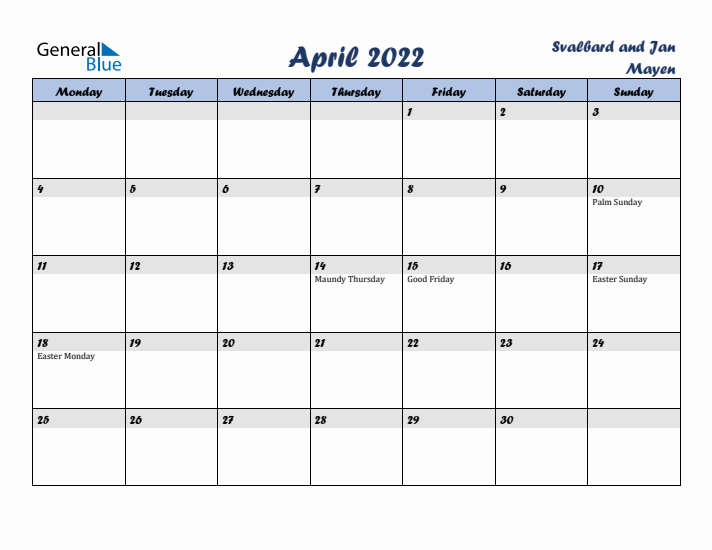 April 2022 Calendar with Holidays in Svalbard and Jan Mayen