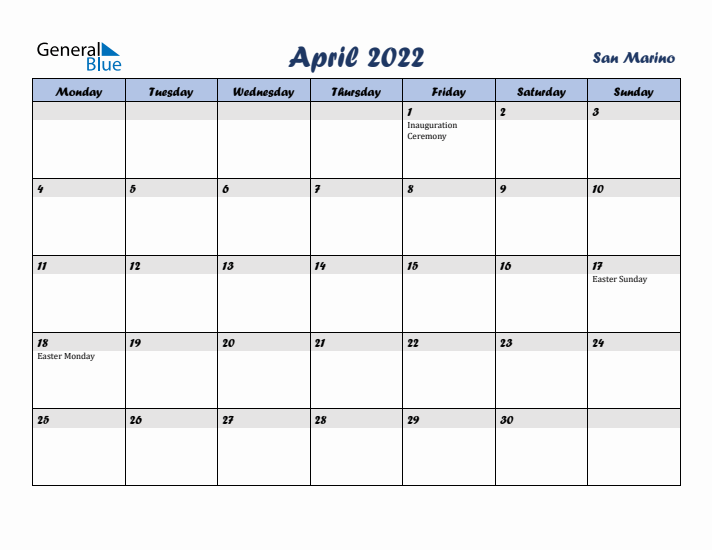 April 2022 Calendar with Holidays in San Marino